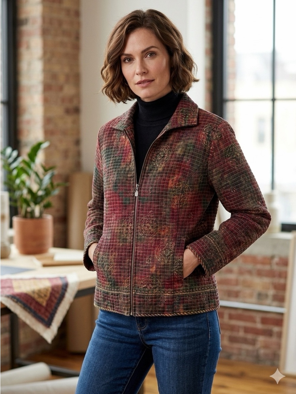 Quilted Jacket Blazer Earthy Autumn Fall Zip Coat Transitional Jacket Size Large